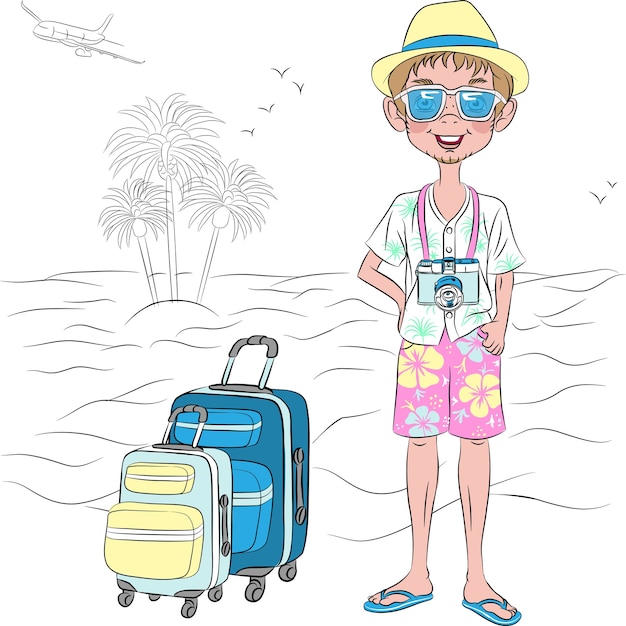 Chico de viajero hipster vector con maletas en la playa del mar