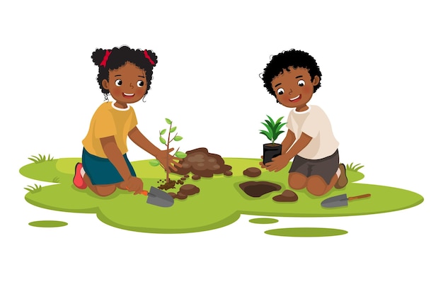 Chicos africanos lindos jardinería plantación de árboles trabajando juntos en el jardín