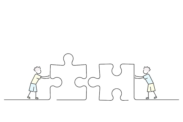 Chicos de amistad masculinos empujando hacia adelante piezas de rompecabezas gigantes personajes de dibujos animados construyendo un trabajo en equipo de rompecabezas amor adolescente coincide con la ilustración de vector de estilo de boceto de línea negra
