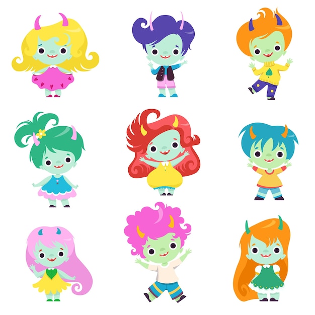 Chicos y chicas con adorables criaturas de fantasía con ilustraciones vectoriales de cabello de color sobre fondo blanco
