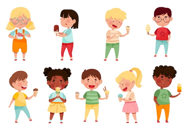 Chicos y chicas alegres sosteniendo y comiendo helados Conjunto vectorial