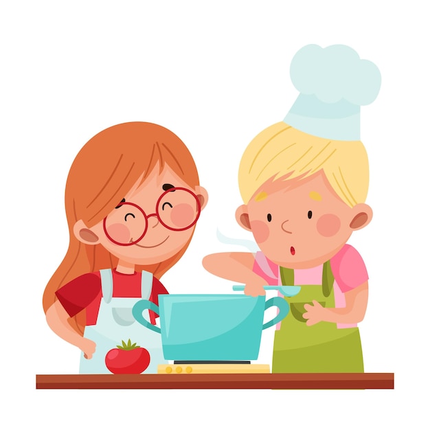 Chicos y chicas chefs felices con delantal y sombrero cocinando sopa Ilustración vectorial