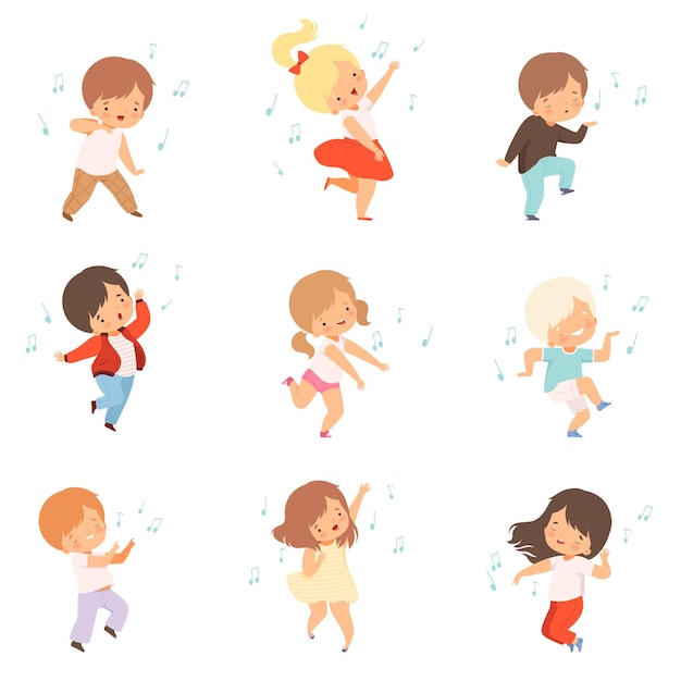 Chicos y chicas lindos cantando y bailando Set Niños encantadores disfrutando escuchando música Ilustración vectorial de dibujos animados