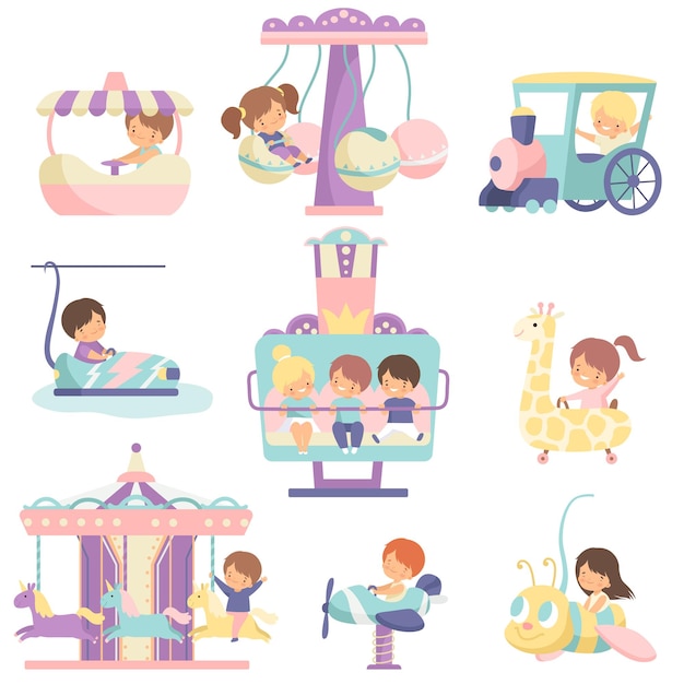 Chicos y chicas lindos divirtiéndose en las atracciones del parque de atracciones Set Ilustración vectorial sobre fondo blanco