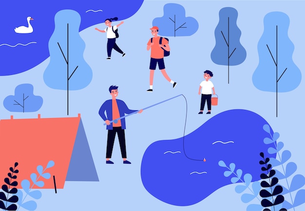 Chicos felices acampando en la naturaleza con niños. Lago, carpa, bosque ilustración. Concepto de vacaciones de verano y aventura para banner, sitio web o página web de destino