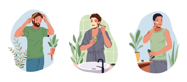 Los chicos felices procedimientos de belleza cotidianos conjunto de iconos de vector plano