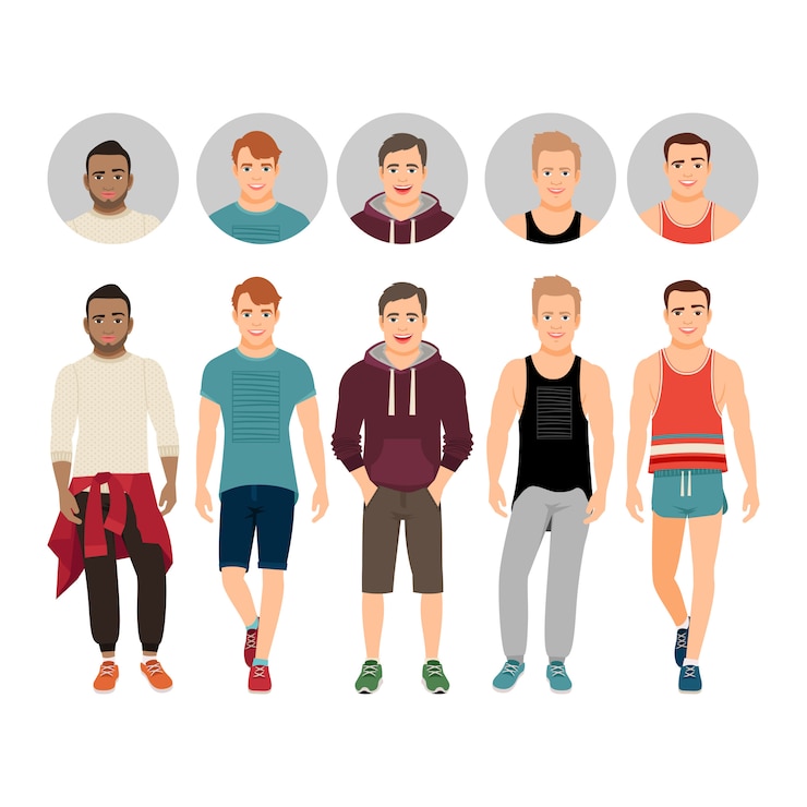 Vector chicos guapos en estilo casual de fitness