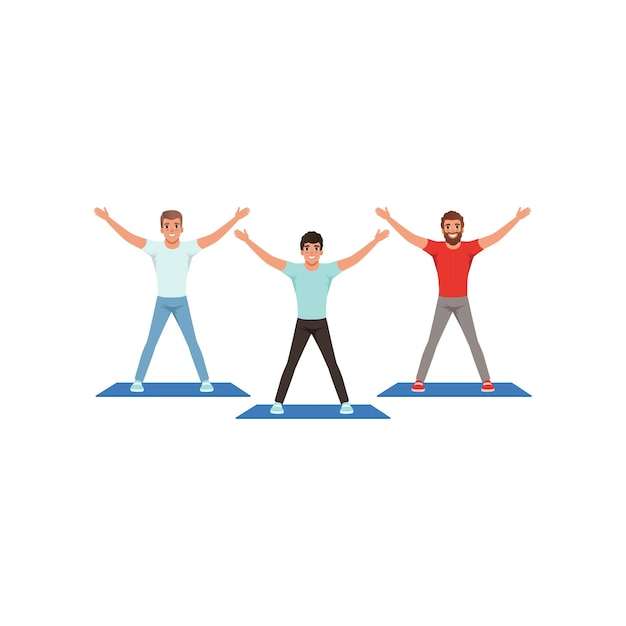 Chicos jóvenes sonrientes entrenando en el gimnasio Personas en ropa deportiva Hombres de dibujos animados de pie con las manos levantadas Estilo de vida activo y saludable Diseño vectorial plano
