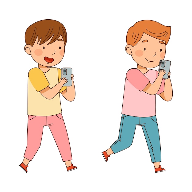 Chicos lindos caminando y mirando en una ilustración vectorial de teléfonos inteligentes