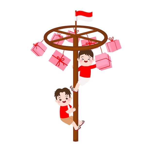 Chicos lindos haciendo el juego tradicional de panjat pinang para el día de la independencia de Indonesia