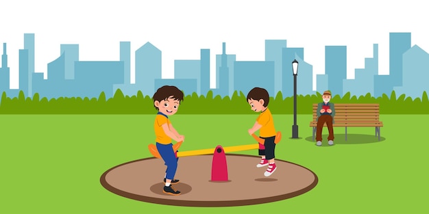 Vector chicos lindos jugando balancín en el parque de la ciudad