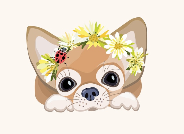 Chihuahua Pequeño perro decorativo en corona floral y con mariquita Vector ilustración aislada