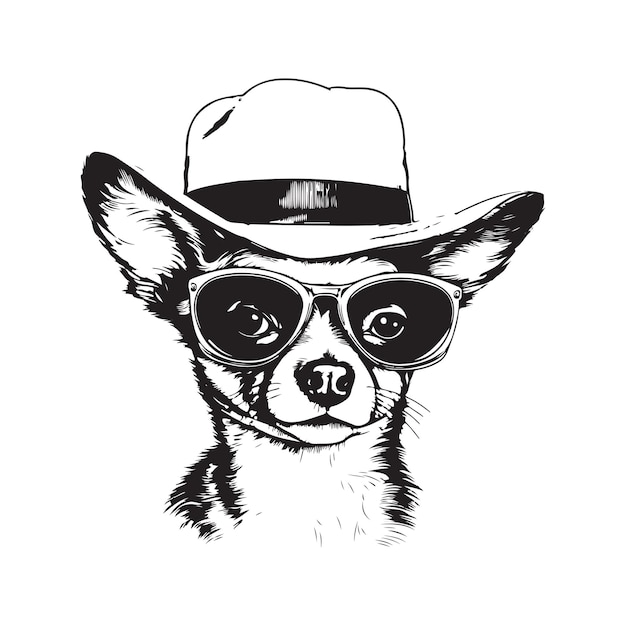 Chihuahua con sombrero de paja y gafas vintage logo línea arte concepto blanco y negro color dibujado a mano ilustración