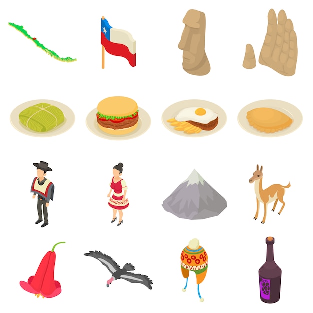 Chile conjunto de iconos de viaje. ilustración isométrica de 16 iconos de vector de viaje de chile para web