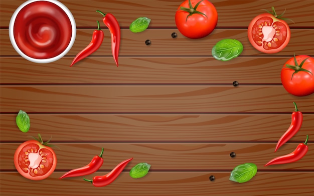 Vector chile y tomate en mesa de madera