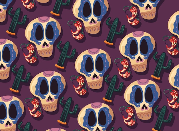 Vector chiles y cactus de calaveras mexicanas