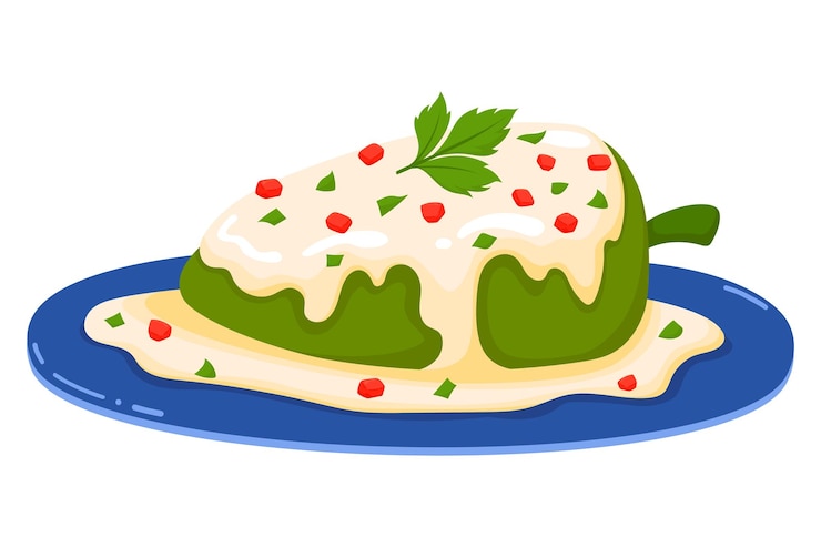 Vector chiles en nogada poblano tradicional mexicano relleno de pimienta con salsa de nuez cremosa adornada con granada y perejil ilustración de cocina mexicana para menús, blogs de alimentos y diseños de recetas