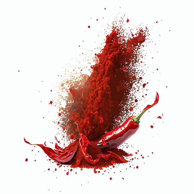 Chili pepper polvo salpicadura picante ráfaga de polvo o explosión de color rojo sobre fondo blanco aislado sobre fondo ilustración vectorial de dibujos animados