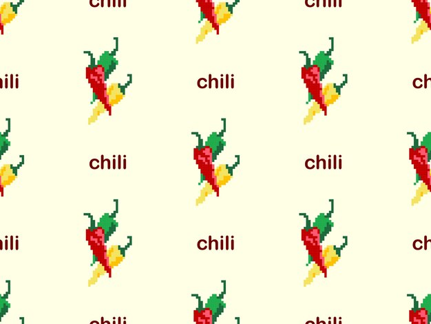 Vector chili personaje de dibujos animados de patrones sin fisuras sobre fondo amarillo estilo pixel