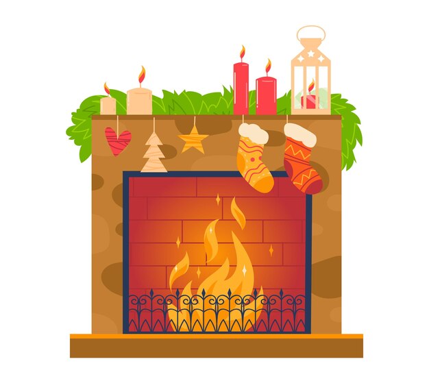 Chimenea de año nuevo con una llama ardiente de fuego y calcetines de regalo y decoración de juguetes y decoraciones para