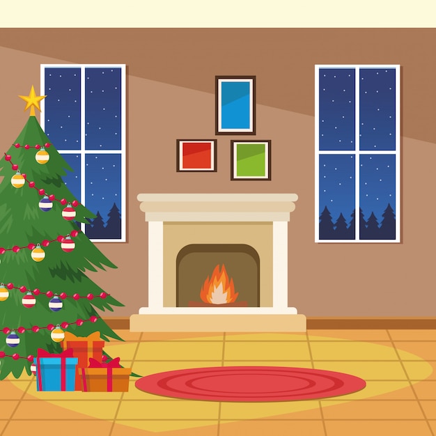 Chimenea ardiente con arbol de navidad.