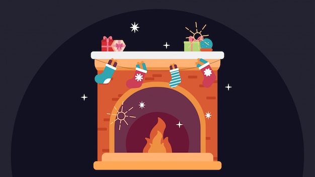 Vector chimenea con calcetines, felices fiestas navideñas.