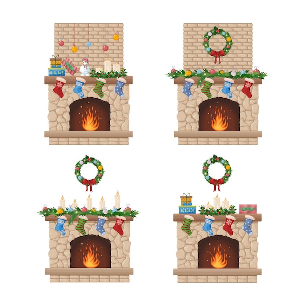 Chimenea chimenea de navidad con corona de navidad y calcetines para regalos chimenea con fuego y fe