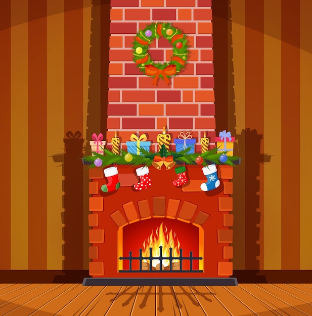 Chimenea clásica de ladrillo rojo con calcetines bolas de velas regalos y corona Feliz año nuevo decoración Feliz Navidad vacaciones Año nuevo y celebración de Navidad Ilustración vectorial en estilo plano