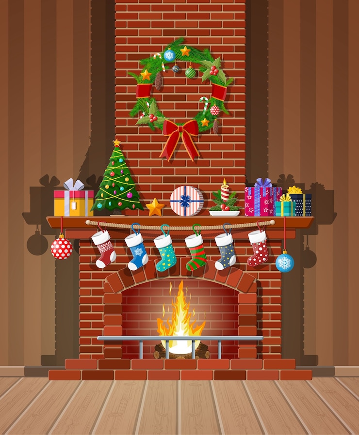 Vector chimenea clásica de ladrillo rojo con calcetines