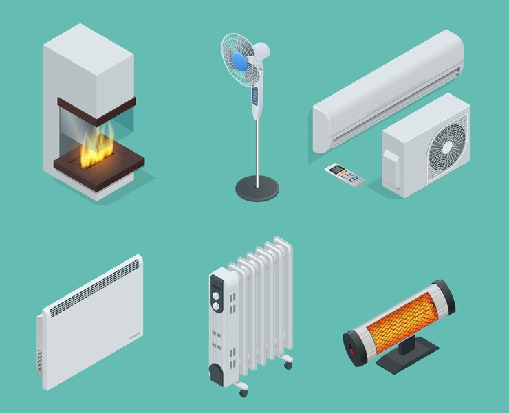 Vector chimenea de conjunto de iconos isométricos para equipos de clima doméstico, calentador de aceite con controles de pantalla, calentador de convector, calentador eléctrico, calentador infrarrojo, acondicionador, ventilador. vector