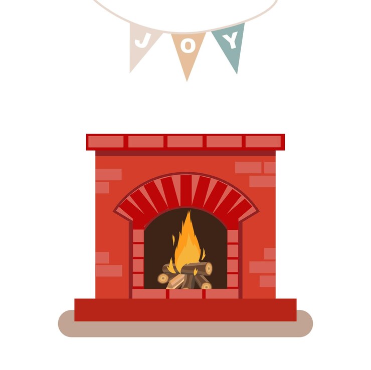 Vector chimenea con fuego tarjeta de navidad ilustración vectorial en estilo de dibujos animados planos
