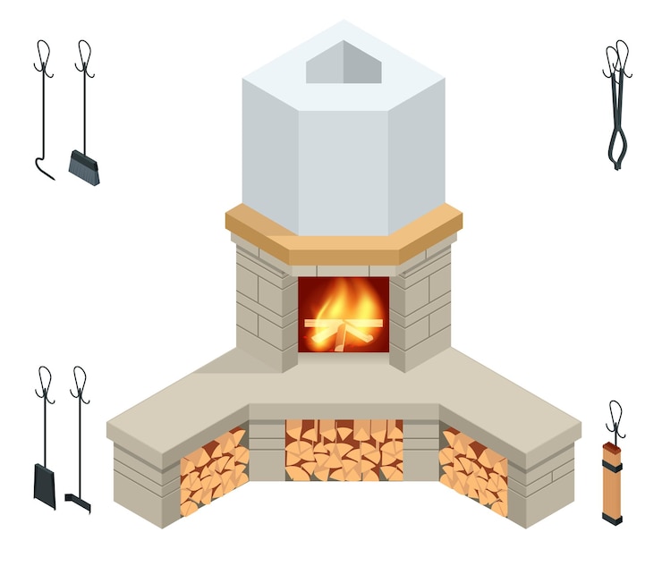 Vector chimenea isométrica de piedra de ladrillo aislada en blanco chimenea para el ambiente relajante y para calentar una habitación chimenea moderna