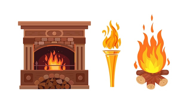 Vector chimenea de madera clásica con fuego brillante y fuego de leña y antorcha encendida