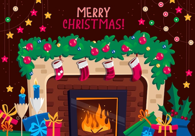 Chimenea con medias rojas regalos y decoraciones en el interior tarjeta de felicitación de navidad y año nuevo