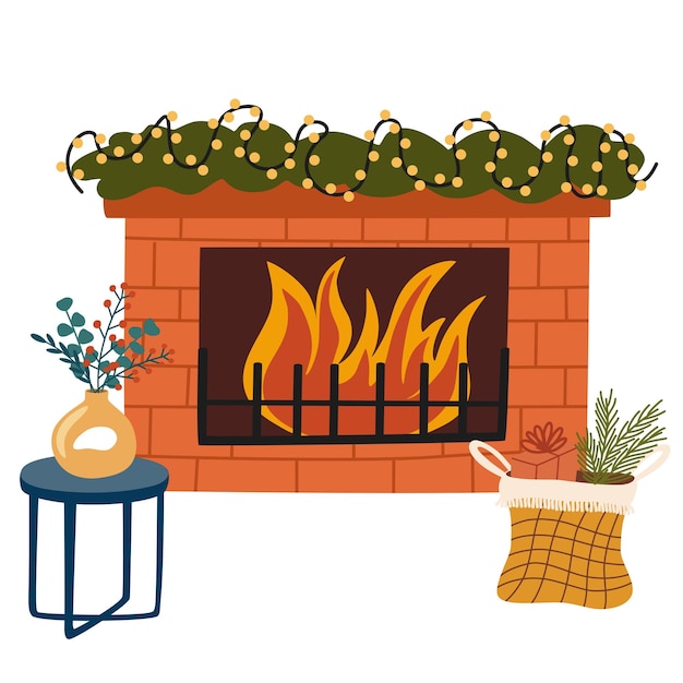 Vector chimenea de navidad chimeneas caseras con calcetines medias regalos velas abetos y decoración de navidad hogares cálidos y acogedores con decoración de vacaciones de invierno ilustraciones vectoriales planas aisladas en blanco