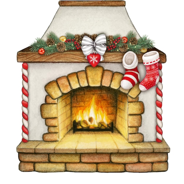 Chimenea de navidad dibujada a mano en acuarela