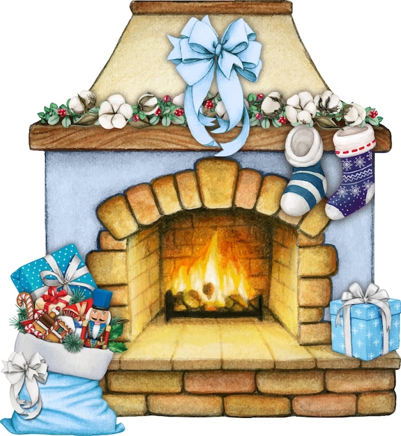 Chimenea de navidad dibujada a mano en acuarela