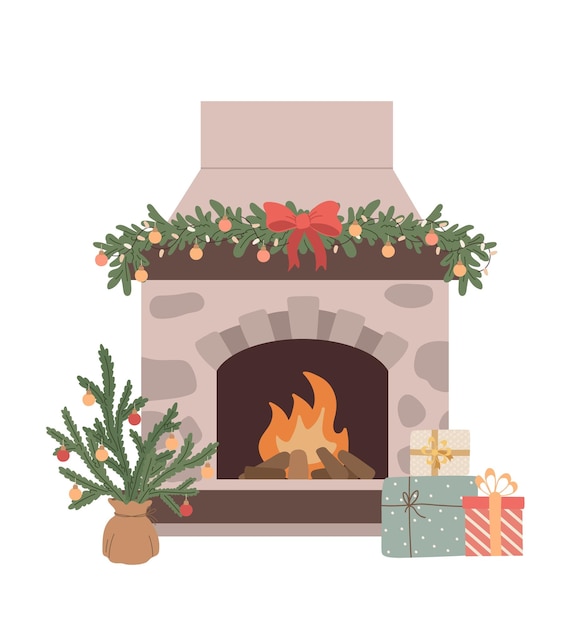 Chimenea de navidad de dibujos animados con decoración de árbol de navidad y cajas de regalo. feliz año nuevo