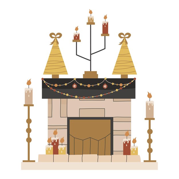 Chimenea de navidad escandinava con velas y abetos aislados. hogar acogedor festivo con guirnaldas y candelabros. ilustración de vector de estilo plano. acogedora temporada de vacaciones de invierno.