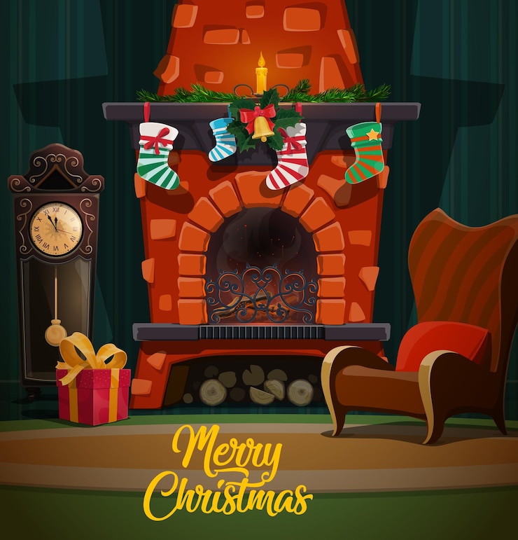 Vector chimenea de navidad con regalos de navidad y medias