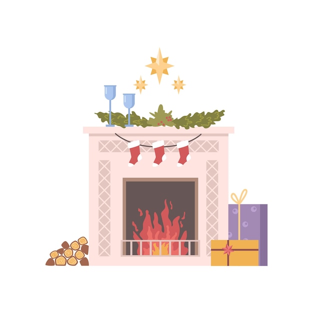 Chimenea navideña de año nuevo decorada con calcetines.