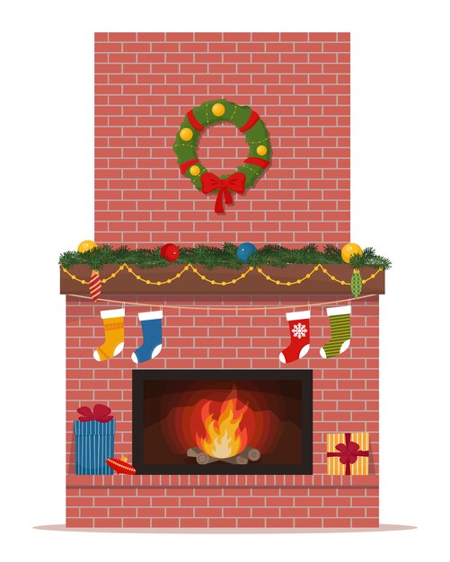 Chimenea navideña clásica de ladrillo rojo. Lindo en estilo plano