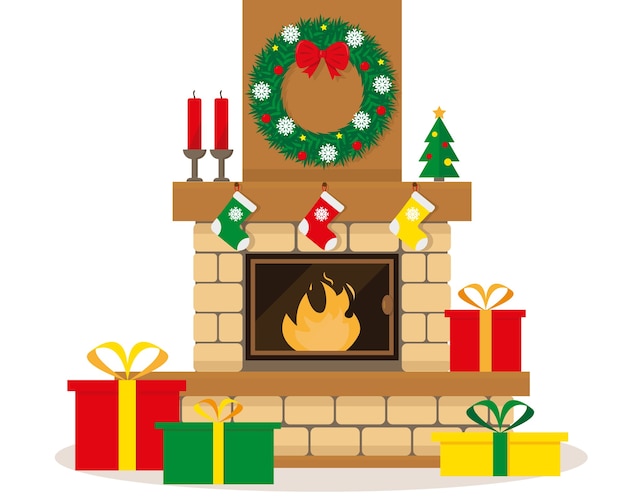 Chimenea navideña con corona, velas, decoración y regalos en cajas.