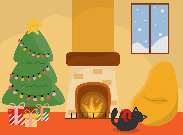 Vector chimenea navideña con un gato y regalos.