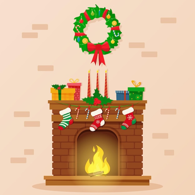 Chimenea navideña con regalos, calcetines y velas. ilustración de vector de estilo de dibujos animados plana.