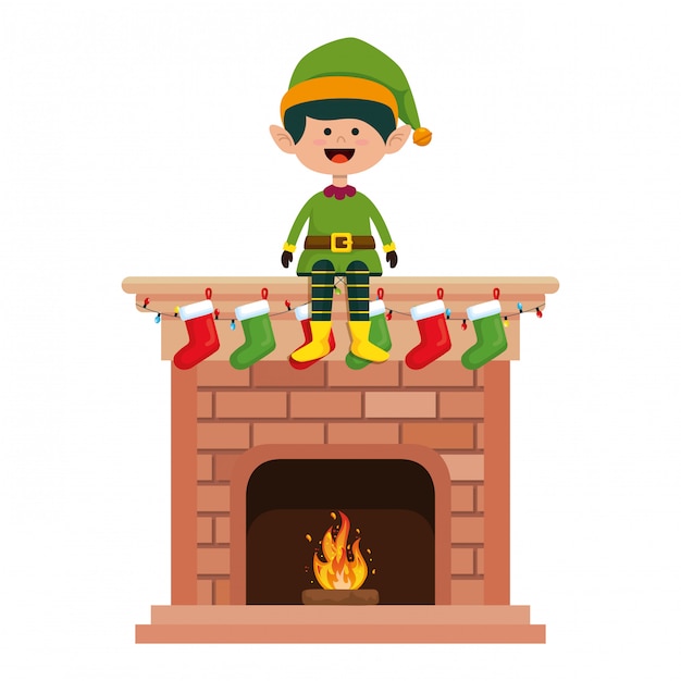 Chimenea con personaje elfo navideño.