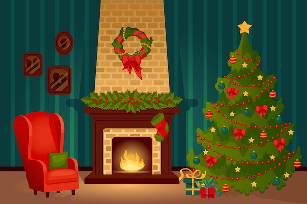 Chimenea con picea y sillón de Navidad