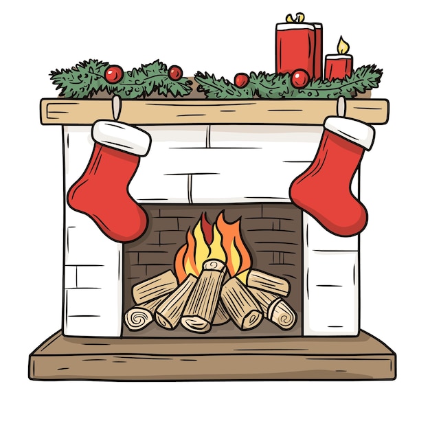 chimenea plana de estilo vectorial con calcetines colgantes en fondo blanco IA generativa