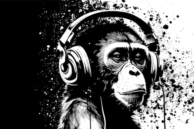Un Chimpancé dibujado en blanco y negro con unos audífonos