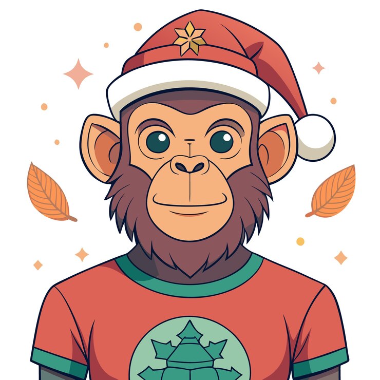 Vector un chimpancé de dibujos animados con un sombrero de papá noel y una camisa roja con un diseño verde en el frente